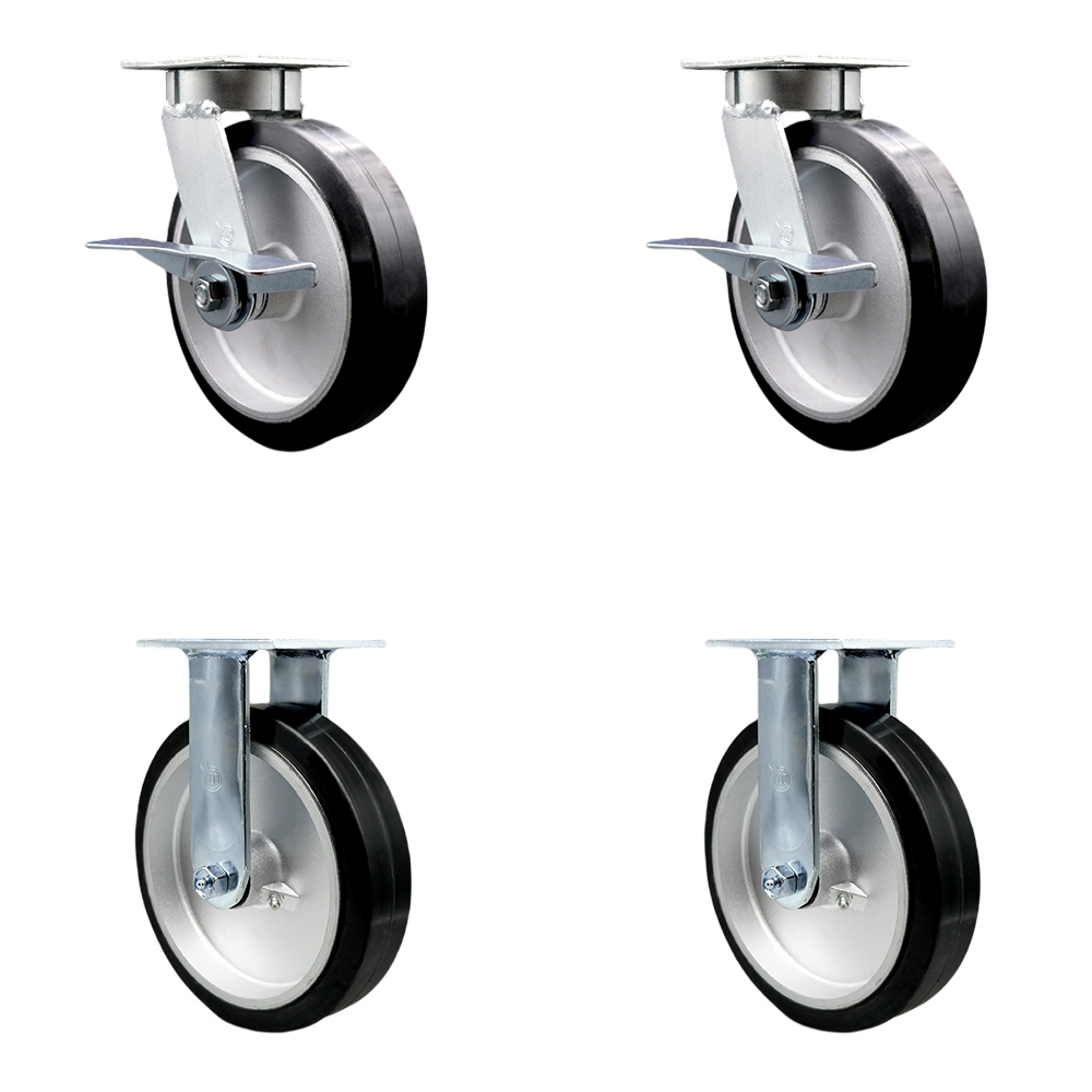 Kingpinless Rubber on Aluminum Swivel Top Plate Caster with 8 x 2 in. Black Wheels - 2400 lbs Total Capacity - Set of 4