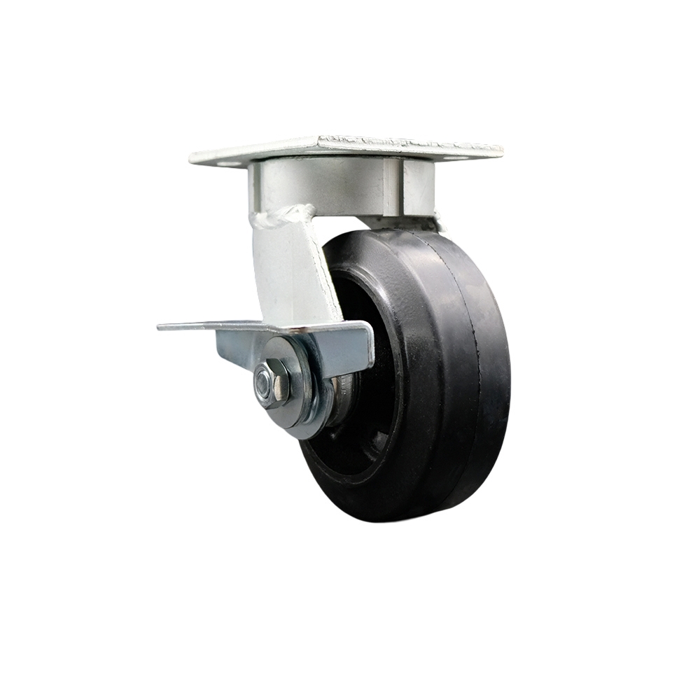 Kingpinless Rubber on Cast Iron Swivel Top Plate Caster with 5 x 2 in. Black Wheel & Side Lock Brake - 400 lbs Capacity per Caster