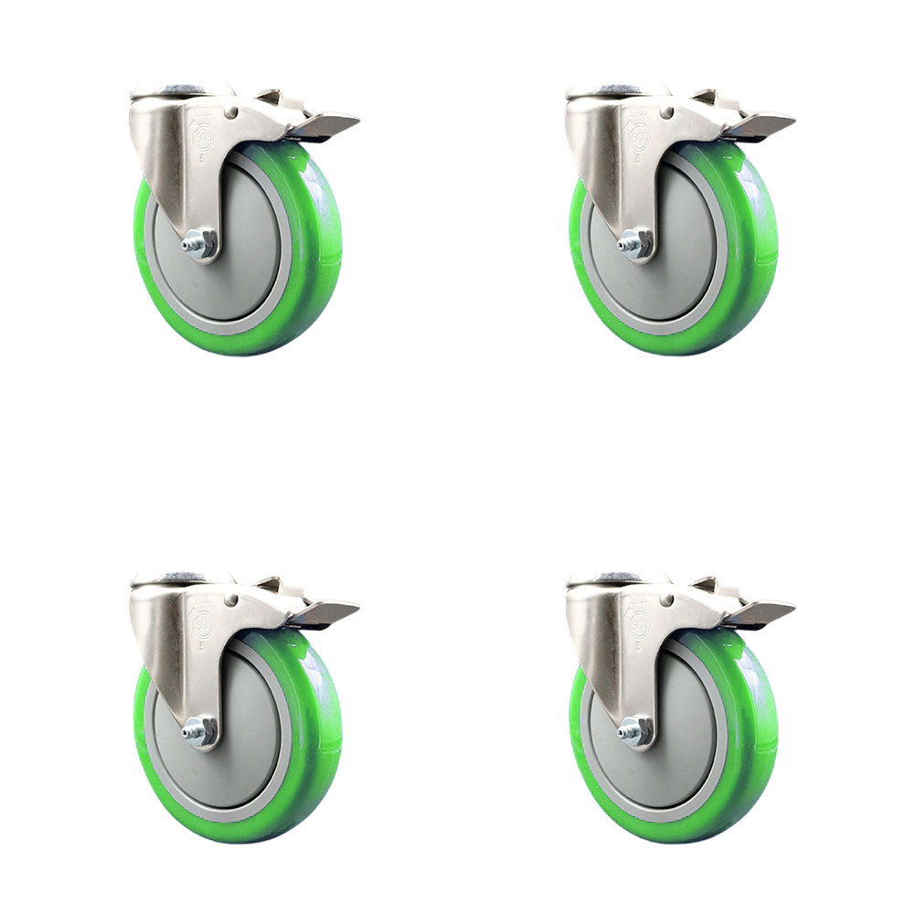 SCC-SS316BHTTL20S514-PPUB-GRN-4 Polyurethane Swivel Bolt Hole Caster with 5 in. Green Caster Wheels - 316 Stainless Steel Caster - Set of 4