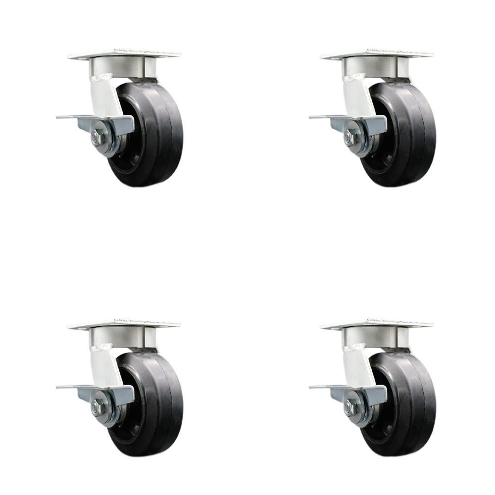 SCC-KP30S520-RSR-SLB-BSL-4 Kingpinless Rubber on Cast Iron Swivel Top Plate Caster with 5 x 2 in. Black Wheels - 1600 lbs Total Capacity - Set of 4