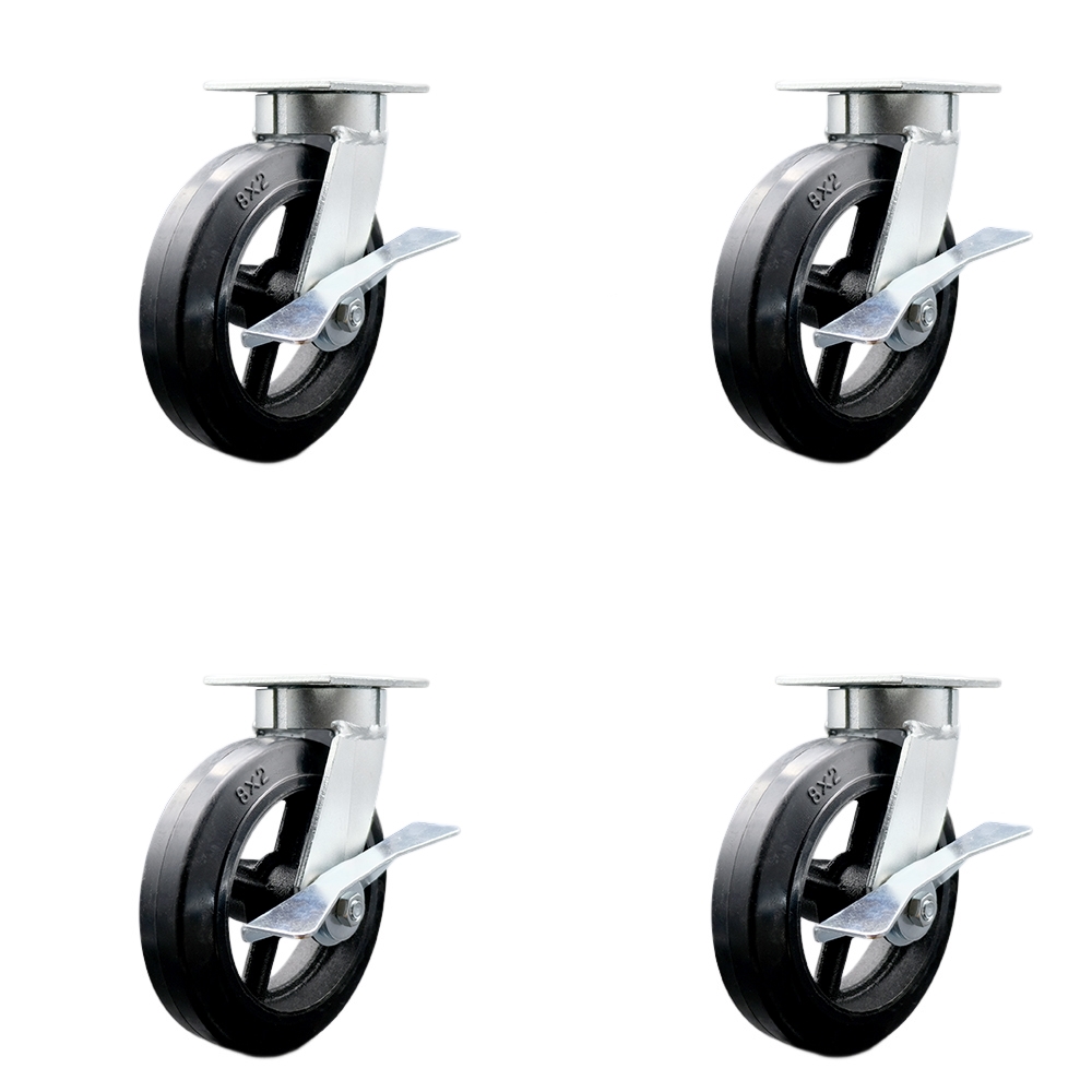 SCC-KP30S820-RSR-SLB-BSL-4 Kingpinless Rubber on Cast Iron Swivel Top Plate Caster with 8 x 2 in. Black Wheels - 2000 lbs Total Capacity - Set of 4