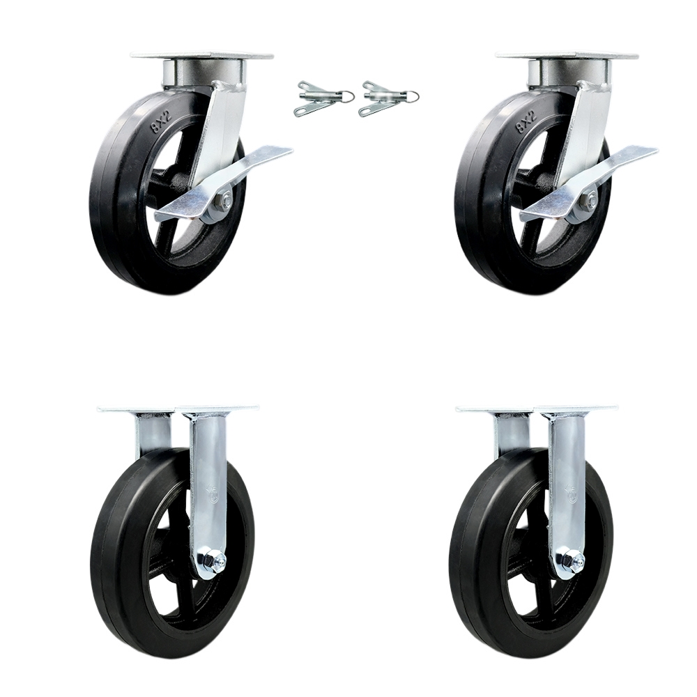 Kingpinless Rubber on Cast Iron Swivel Top Plate Caster with 8 x 2 in. Black Wheels - 2000 lbs Total Capacity - Set of 4