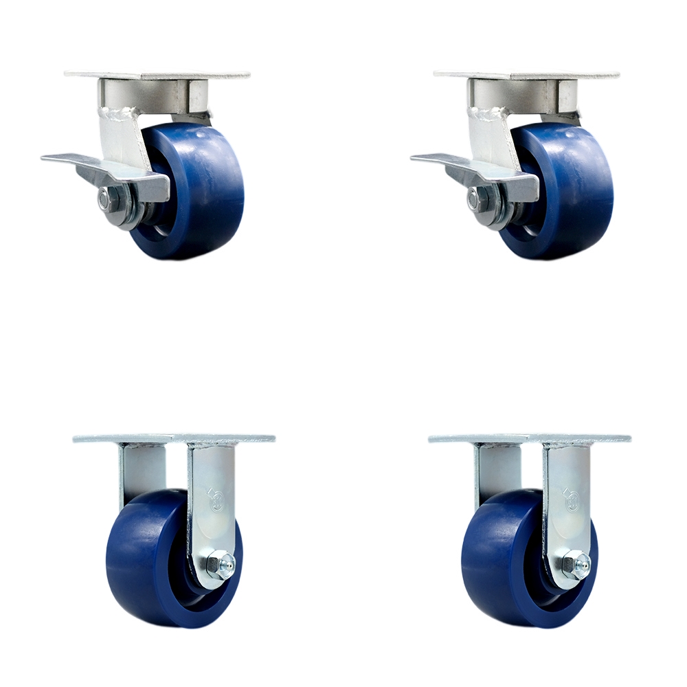 SCC-KP30S420-SPUR-SLB-2-R-2 Kingpinless Solid Polyurethane Swivel Top Plate Caster with 4 x 2 in. Blue Wheels - 2800 lbs Total Capacity - Set of 4