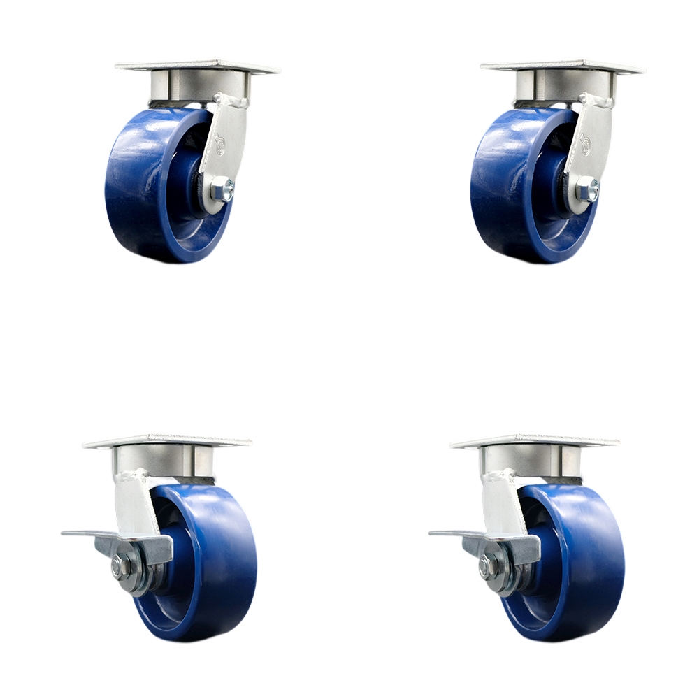 SCC-KP30S520-SPUR-2-SLB-2 Kingpinless Solid Polyurethane Swivel Top Plate Caster with 5 x 2 in. Blue Wheels - 4000 lbs Total Capacity - Set of 4