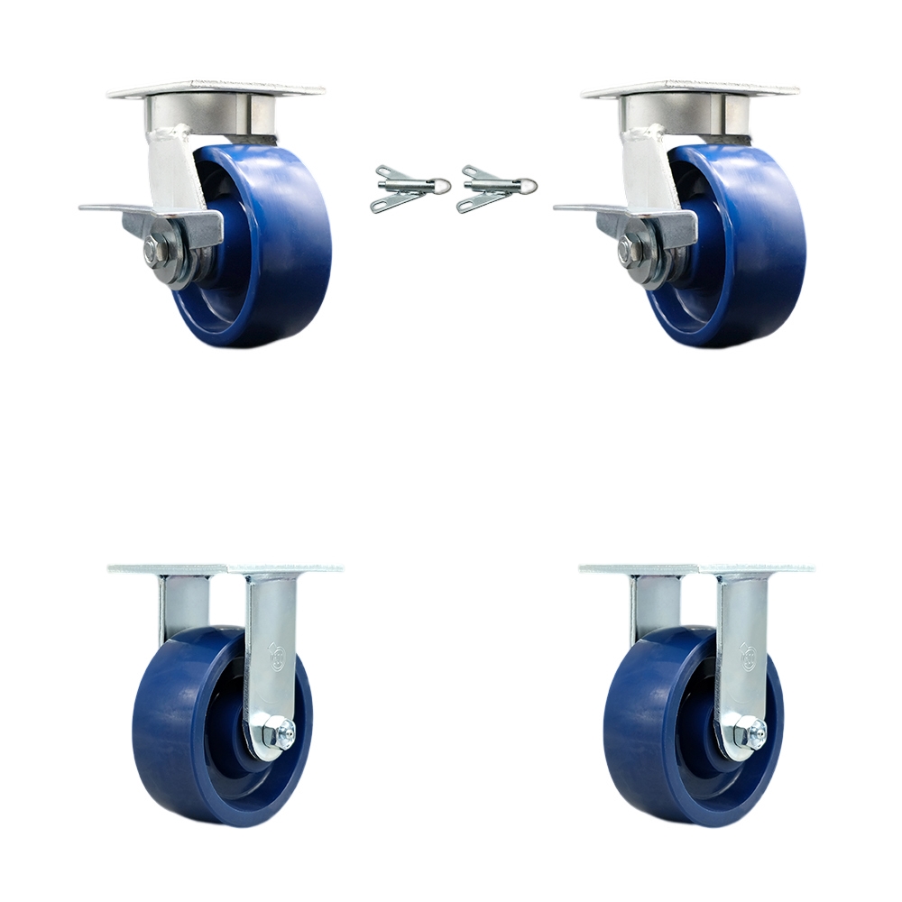 Kingpinless Solid Polyurethane Swivel Top Plate Caster with 5 x 2 in. Blue Wheels - 4000 lbs Total Capacity - Set of 4