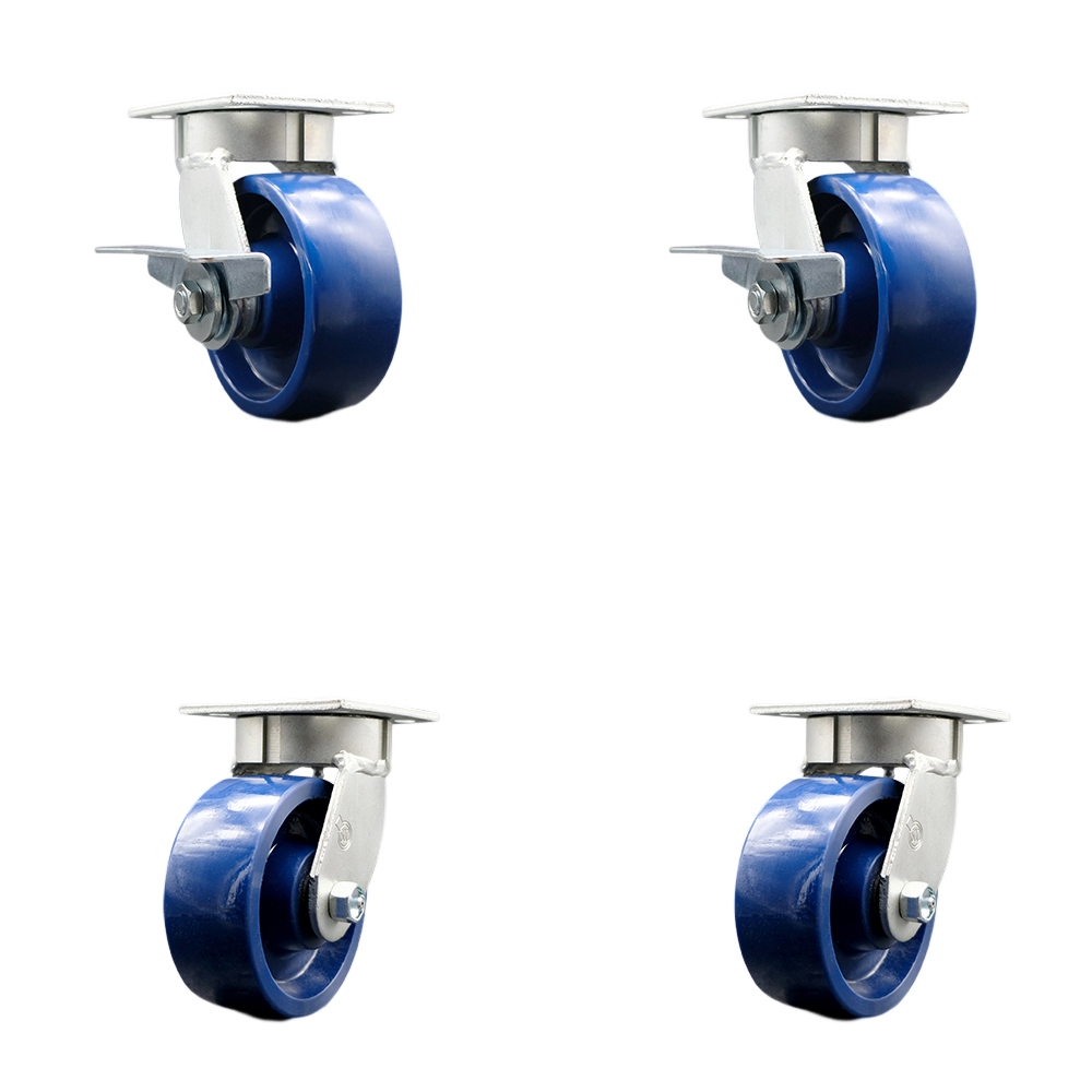 SCC-KP30S520-SPUR-SLB-BSL-2-BSL-2 Kingpinless Solid Polyurethane Swivel Top Plate Caster with 5 x 2 in. Blue Wheels - 4000 lbs Capacity - Set of 4