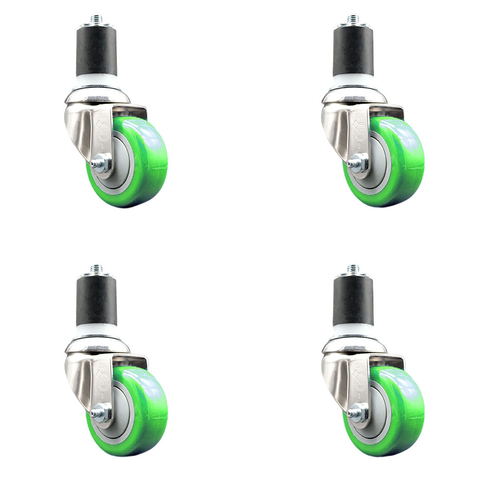 Polyurethane Swivel Stem Caster with 3 in. Green Caster Wheels, 1.75 in. Expanding Stems - 316 Stainless Steel Casters - Set of 4