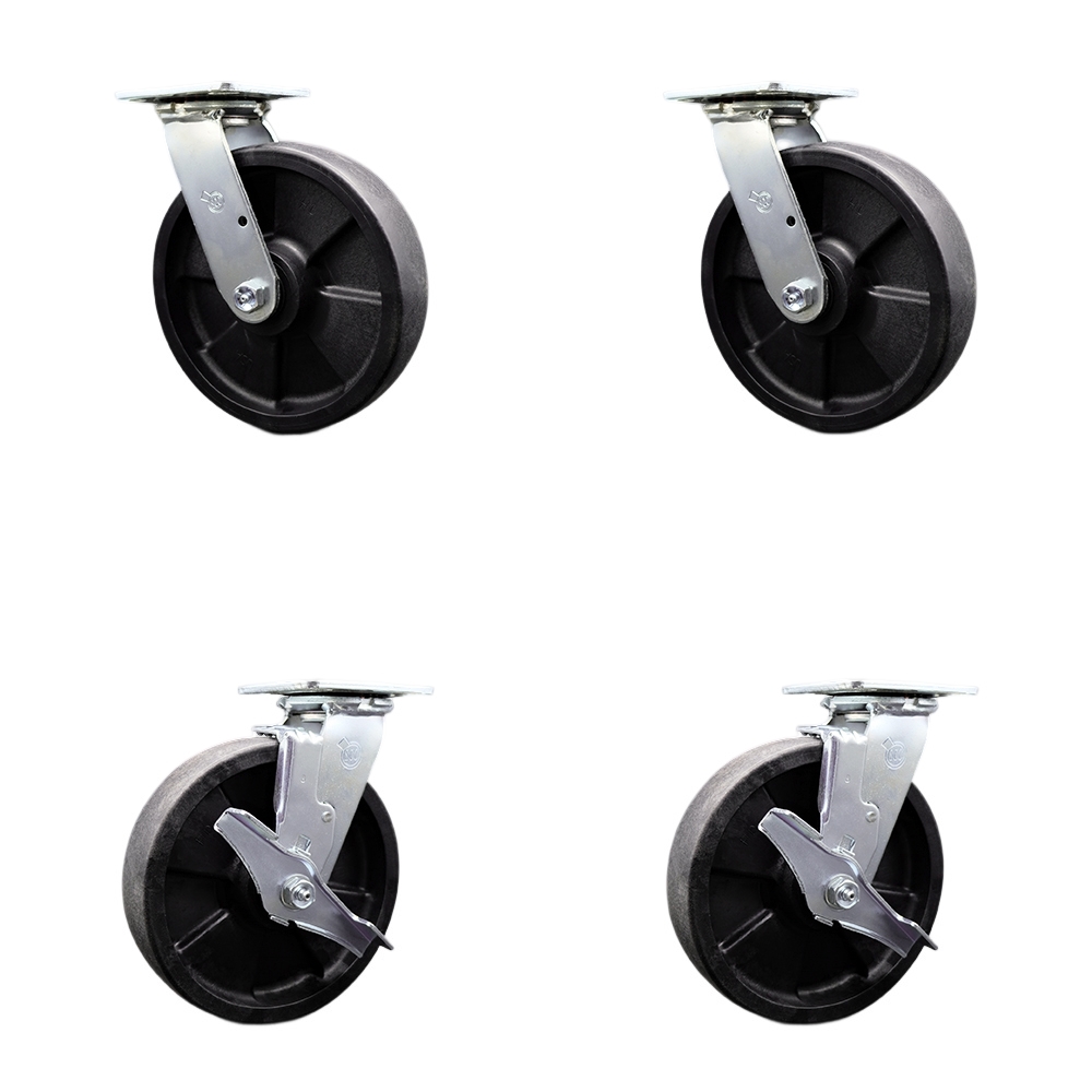 SCC-SS30S820-GFNB-2-TLB-2 Stainless Steel Heavy Duty Swivel Caster with 8 in. High Temperature Glass Filled Nylon Wheels & Ball Bearings - Set of 4