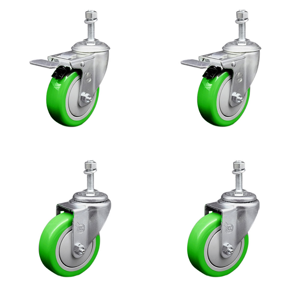 Stainless Steel Polyurethane Swivel Threaded Stem Caster with 4 x 1.25 in. Green Wheels & 0.38 in. Stems - Set of 4