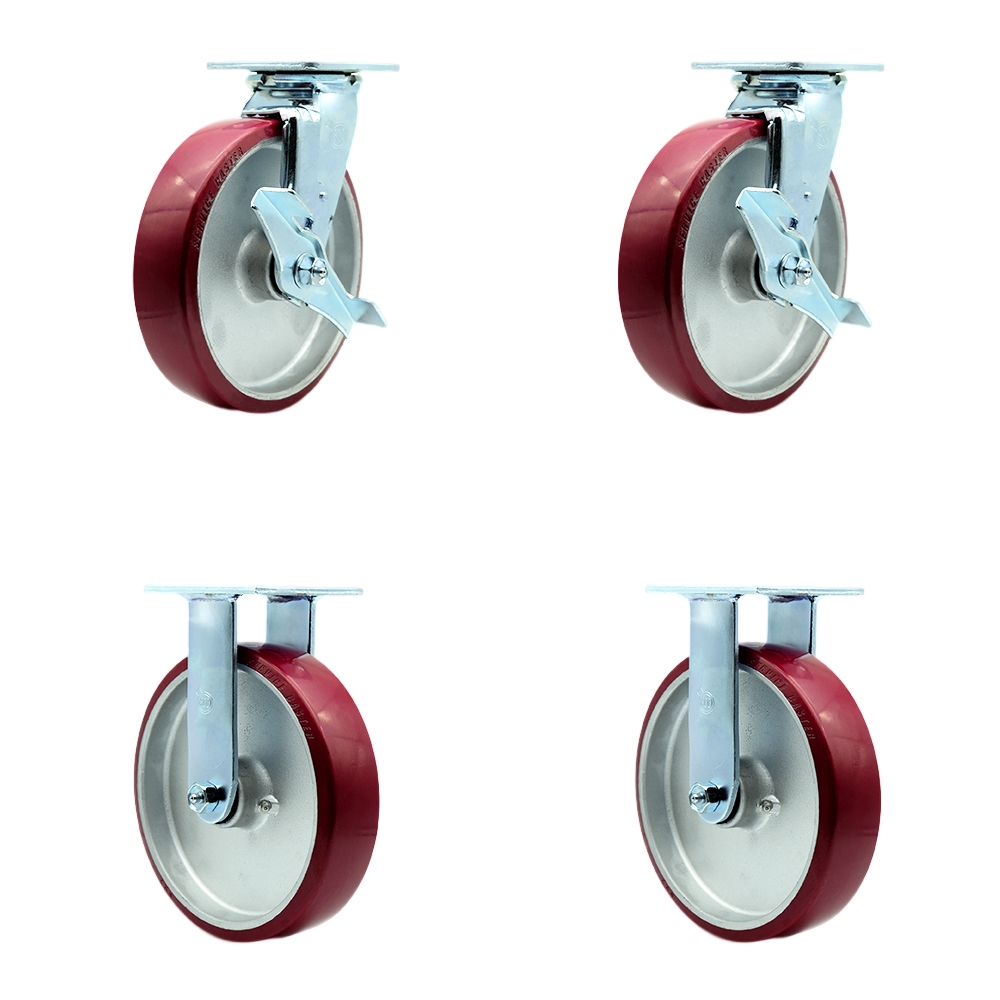 SCC-30CS820-PAB-TLB-2-R820-2 Heavy Duty Swivel Caster with 8 in. Polyurethane on Aluminum Wheels & Ball Bearings - 5000 lbs Total Capacity - Set of 4