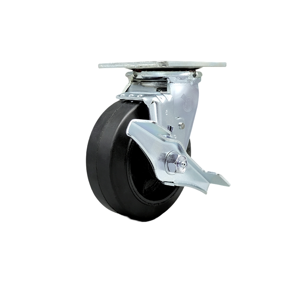 Heavy Duty Swivel Top Plate Caster with Top Lock Brake & 5 in. Rubber on Metal Wheel with Ball Bearings - 400 lbs Capacity per Caster