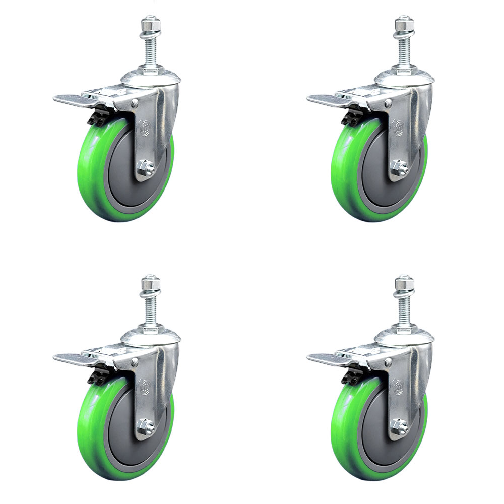 SCC-SSTSTTL20S514-PPUB-GRN-M1015-4 Stainless Steel Polyurethane Swivel Threaded Stem Caster with 5 x 1.25 in. Green Wheels & 10 mm Stems - Set of 4