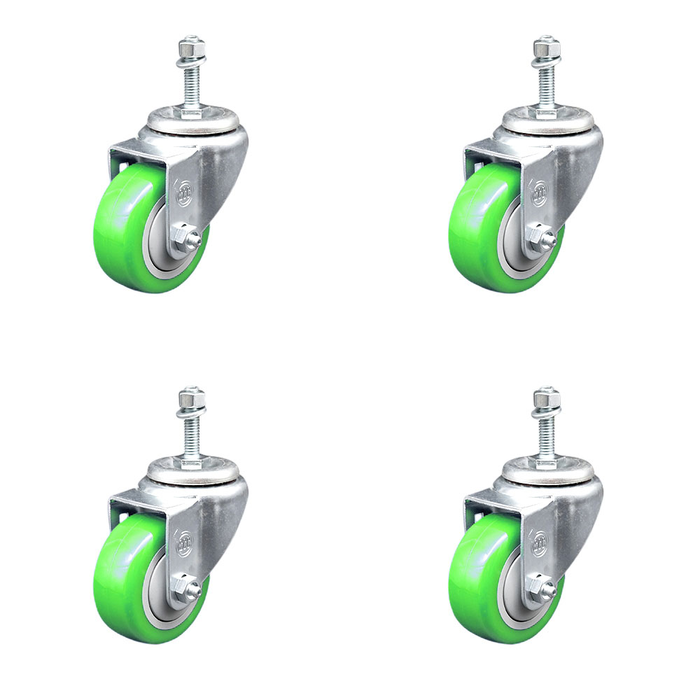 SCC-TS20S314-PPUB-GRN-381615-4 Polyurethane Swivel Threaded Stem Caster with 3 x 1.25 in. Green Wheels & 0.38 in. Stems - Set of 4