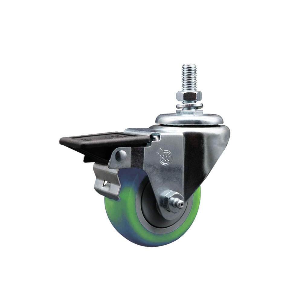 SCC-TS20S314-PPUB-GRN-PLB-M1015 Polyurethane Swivel Threaded Stem Caster with 3 x 1.25 in. Green Wheel & 10 mm Stem & Posi Locking Brake