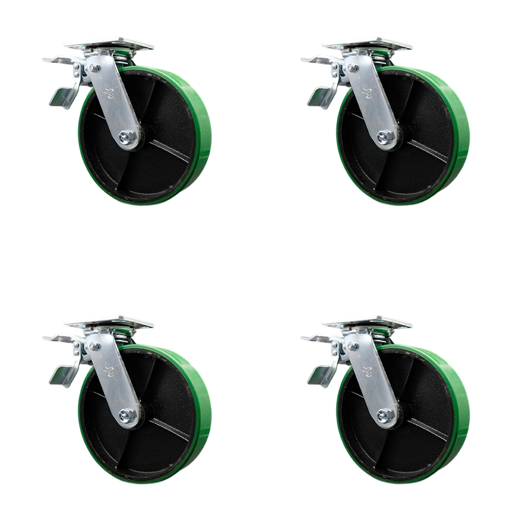 Heavy Duty Swivel Caster with 8 in. Green Polyurethane on Cast Iron Wheels & Ball Bearings - 5000 lbs Total Capacity - Set of 4
