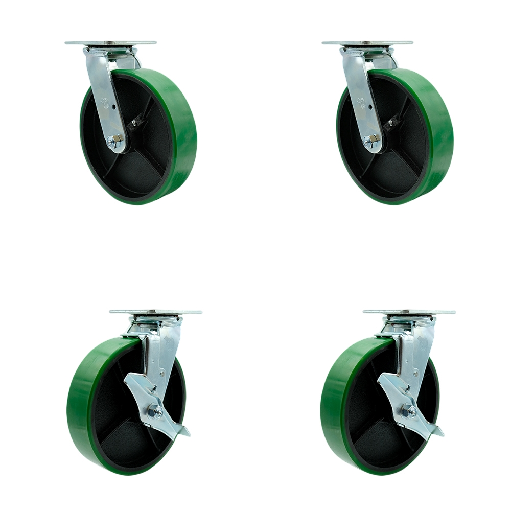 Heavy Duty Swivel Caster with 8 in. Green Polyurethane on Cast Iron Wheels & Ball Bearings - 5000 lbs Total Capacity - Set of 4