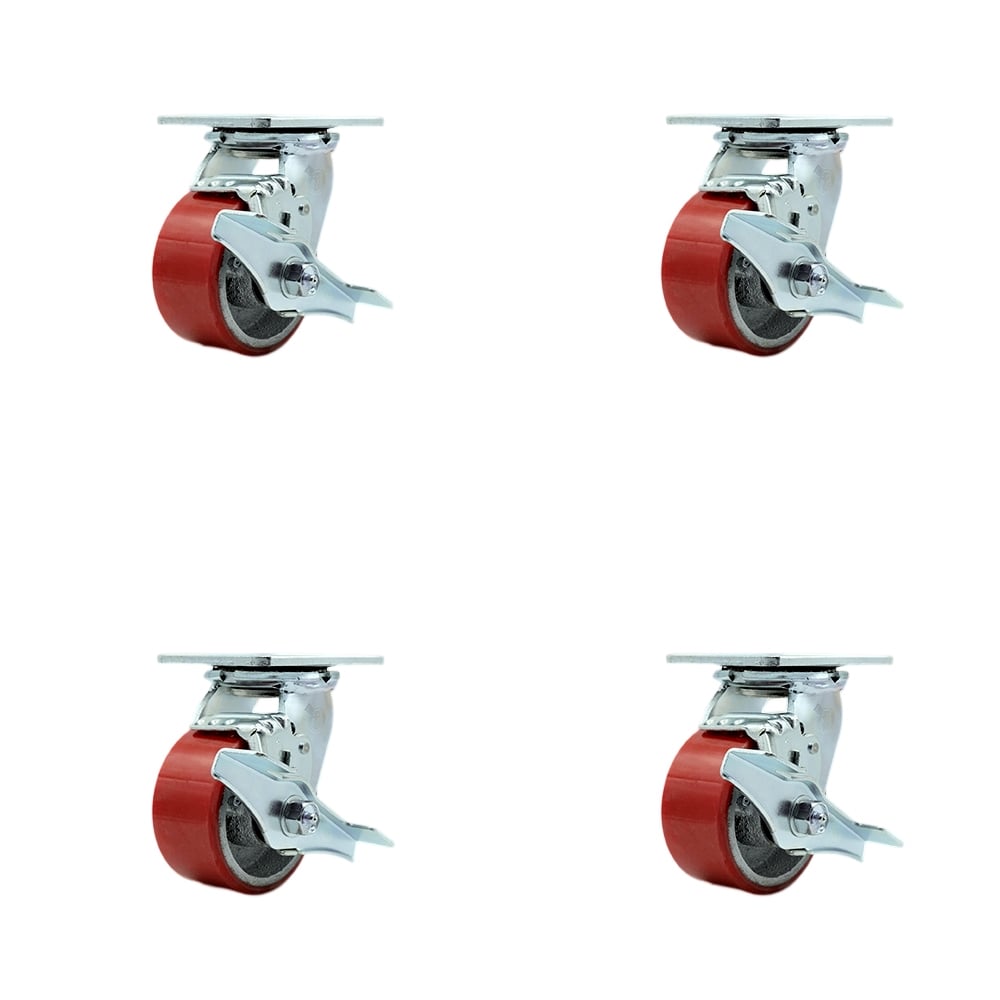 SCC-30CS420-PUB-RS-TLB-BSL-4 Heavy Duty Swivel Caster with 4 in. Red Polyurethane on Cast Iron Wheels & Ball Bearings - Set of 4