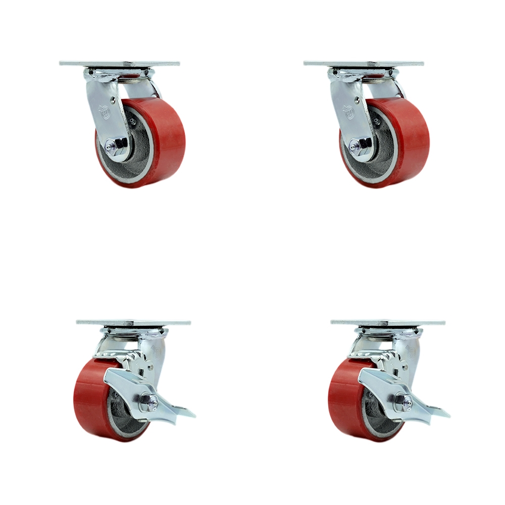 Heavy Duty Swivel Caster with 4 in. Red Polyurethane on Cast Iron Wheels & Ball Bearings - 2800 lbs Total Capacity - Set of 4