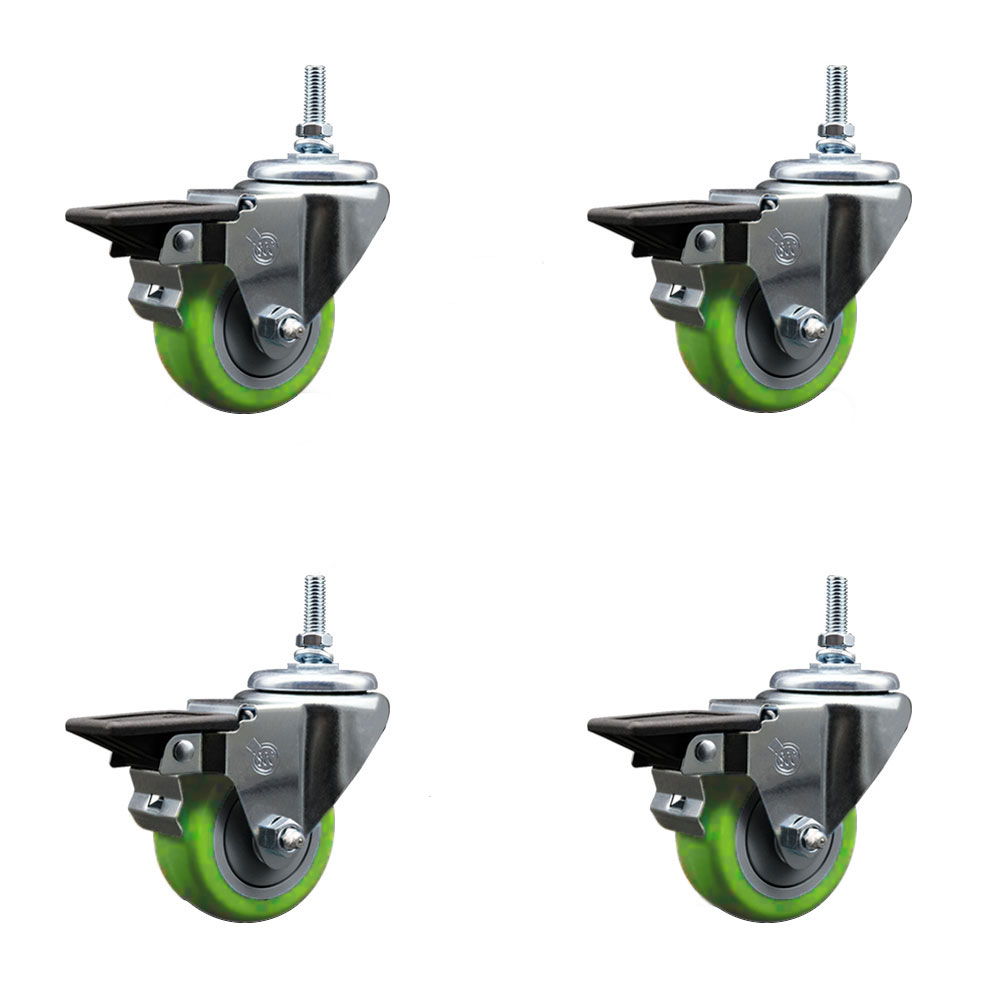 SCC-TS20S314-PPUB-GRN-PLB-M1215-4 Polyurethane Swivel Threaded Stem Caster with 3 x 1.25 in. Green Wheels & 12 mm Stems - Set of 4