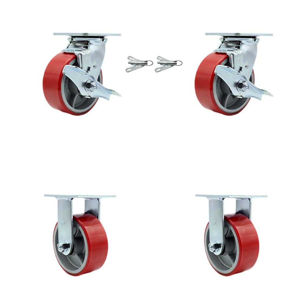 SCC-30CS520-PUB-RS-TLB-BSL-2-R-2 Heavy Duty Swivel Caster with 5 in. Red Polyurethane on Cast Iron Wheels & Ball Bearings - Set of 4