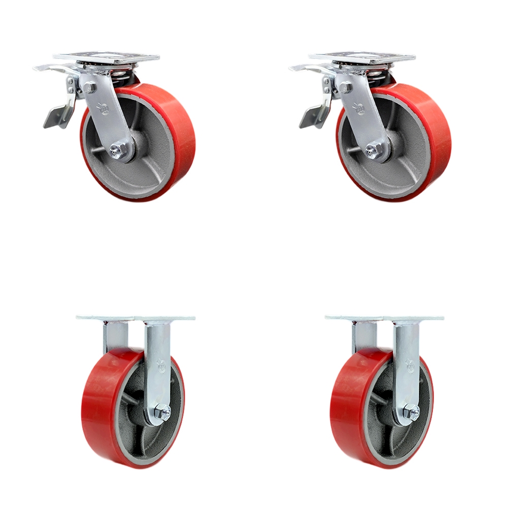 Heavy Duty Swivel Caster with 6 in. Red Polyurethane on Cast Iron Wheels & Ball Bearings - 4800 lbs Total Capacity - Set of 4