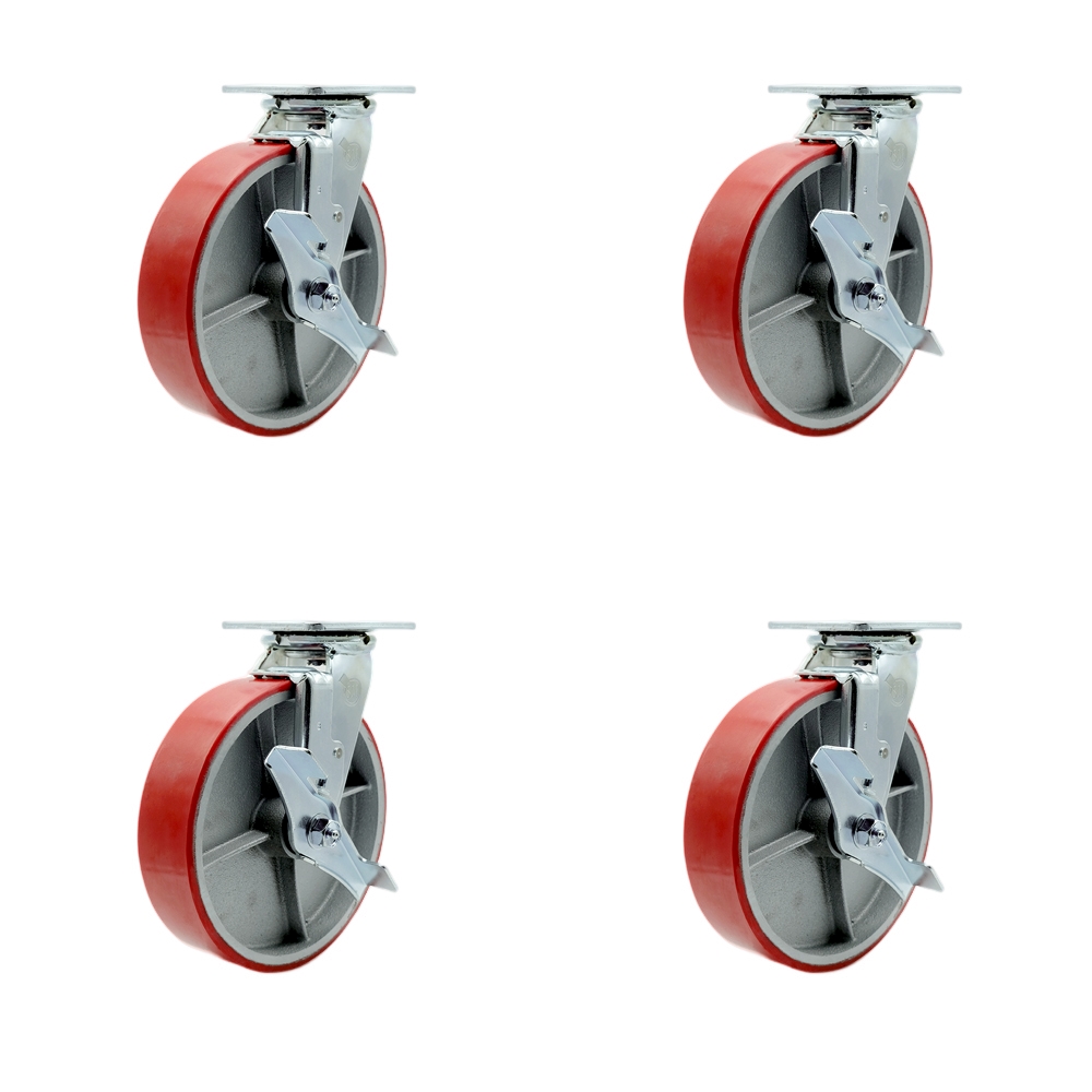 Heavy Duty Swivel Caster with 8 in. Red Polyurethane on Cast Iron Wheels & Ball Bearings - 5000 lbs Total Capacity - Set of 4
