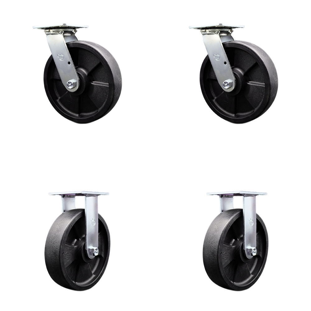 Heavy Duty Swivel Caster with 8 in. High Temperature Glass Filled Nylon Wheels & Ball Bearings - 5000 lbs Total Capacity - Set of 4