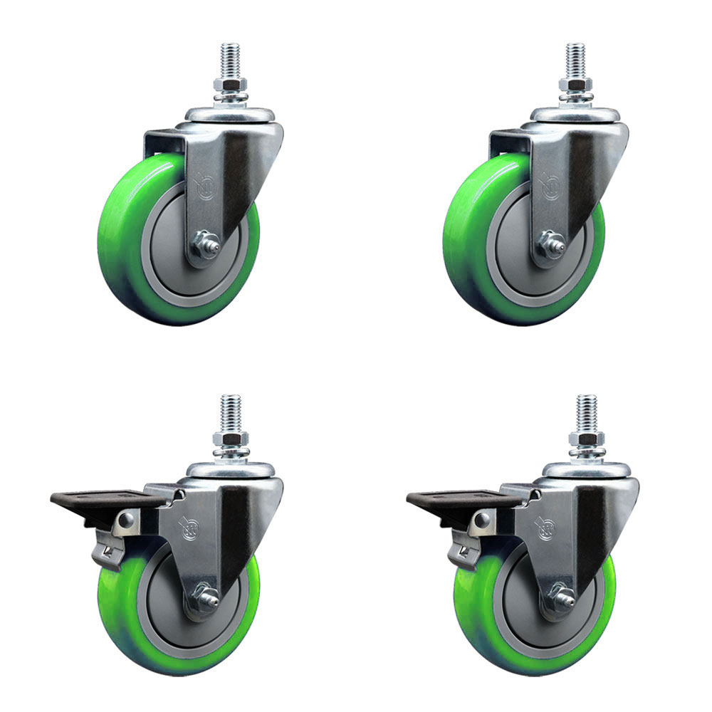 SCC-TS20S414-PPUB-GRN-121315-2-PLB-2 Polyurethane Swivel Threaded Stem Caster with 4 x 1.25 in. Green Wheels & 0.5 in. Stems - Set of 4