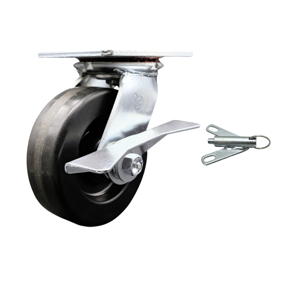 Heavy Duty Large Top Plate Phenolic Swivel Caster with 6 x 2 in. Black Wheel & Side Lock Brake & Bolt on Swivel Lock - 1200 lbs Capacity per Caster