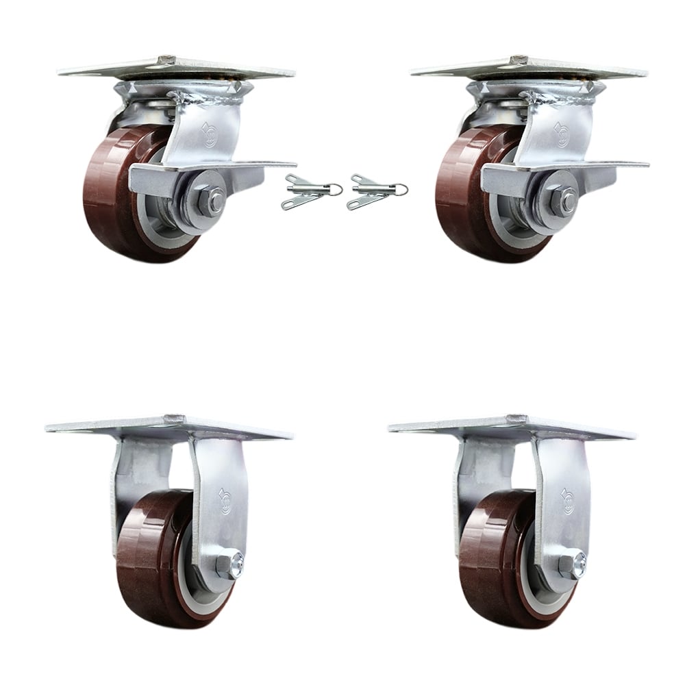 Heavy Duty Large Top Plate Polyurethane on Polyolefin Swivel Caster with 4 x 2 in. Maroon Wheels - 2400 lbs Capacity - Set of 4