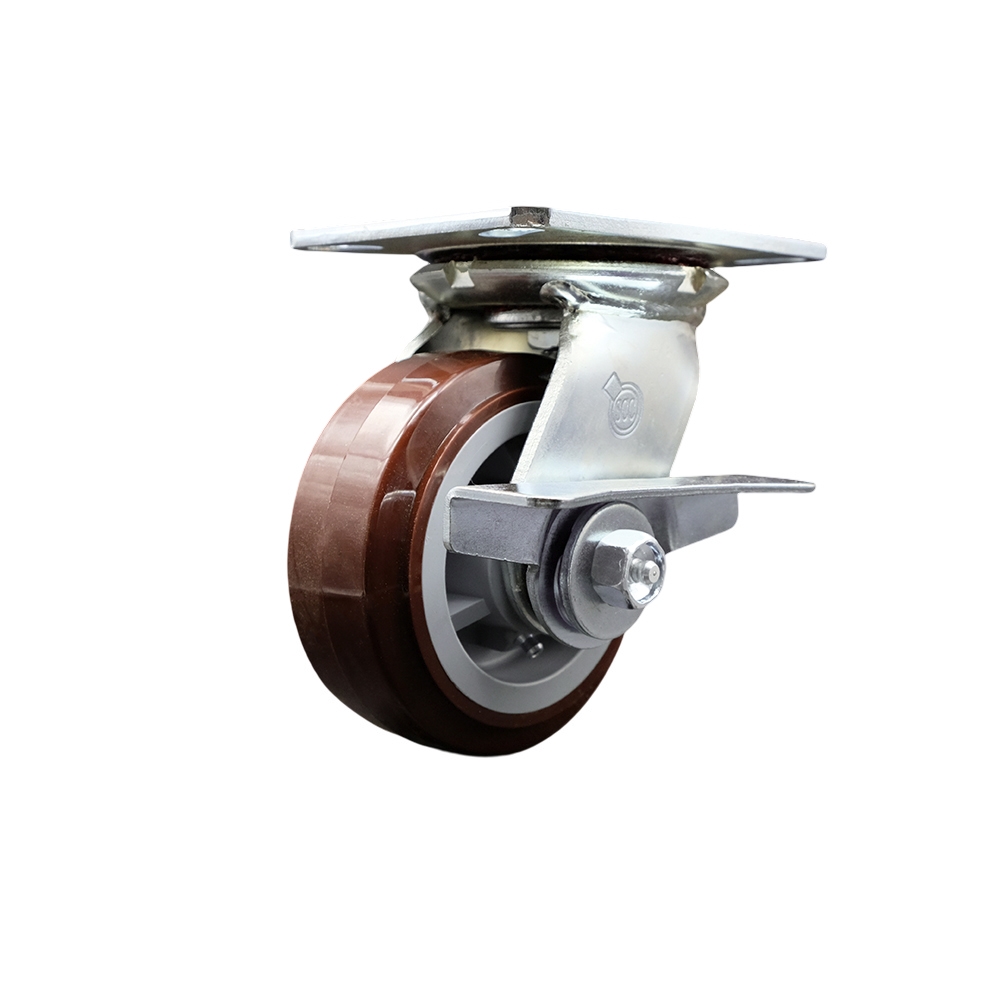Heavy Duty Large Top Plate Polyurethane on Polyolefin Swivel Caster with 5 x 2 in. Maroon Wheel & Side Lock Brake - 750 lbs Capacity per Caster