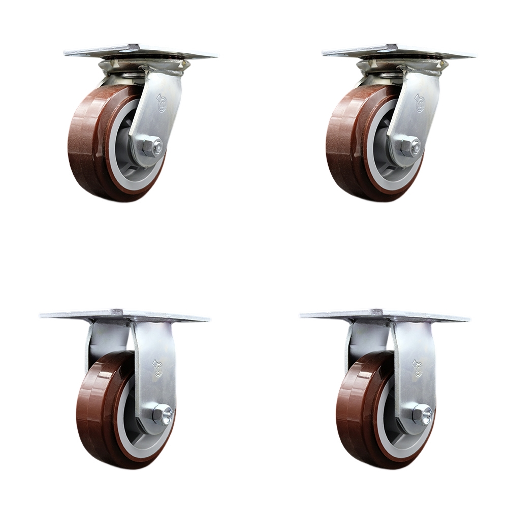 Heavy Duty Large Top Plate Polyurethane on Polyolefin Swivel Caster with 5 x 2 in. Maroon Wheels - 3000 lbs Total Capacity - Set of 4