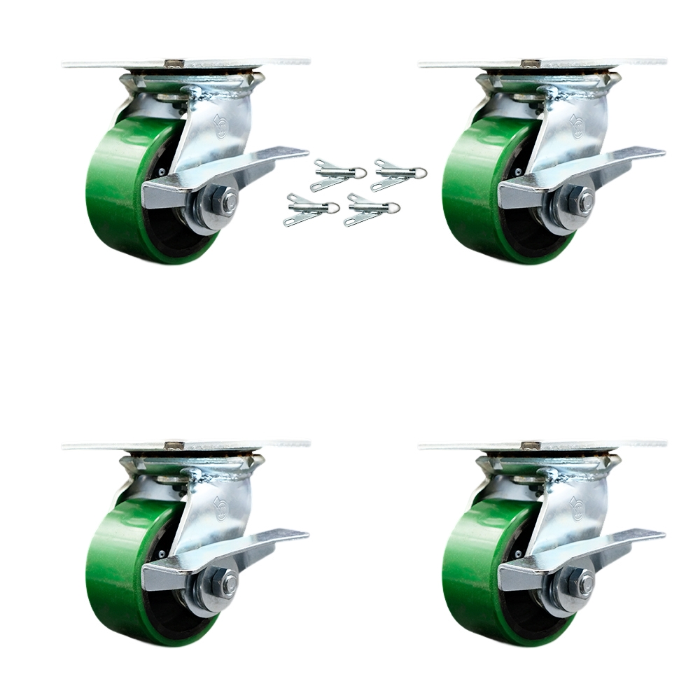 Heavy Duty Large Top Plate Polyurethane on Cast Iron Swivel Caster with 4 x 2 in. Green Wheels - 2800 lbs Capacity - Set of 4