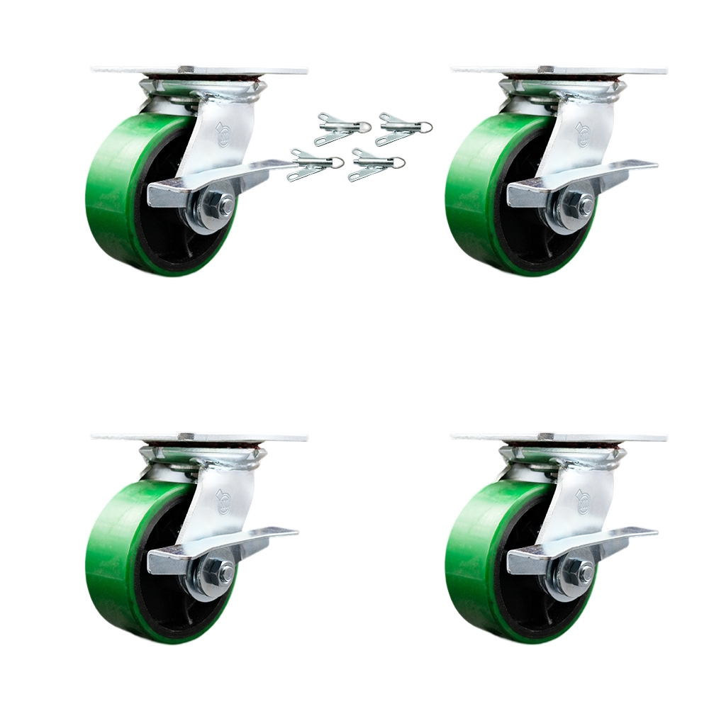Heavy Duty Large Top Plate Polyurethane on Cast Iron Swivel Caster with 5 x 2 in. Green Wheels - 3600 lbs Total Capacity - Set of 4