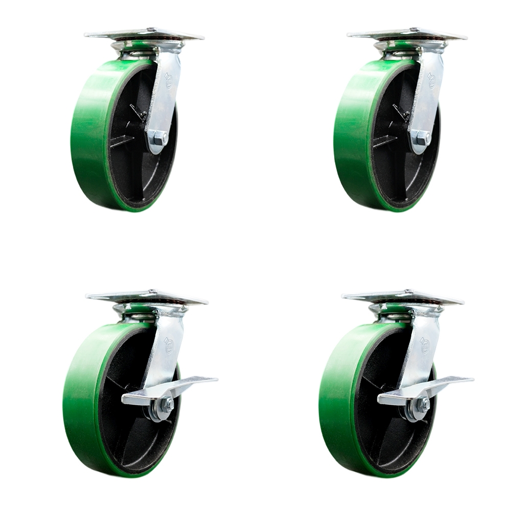 Heavy Duty Large Top Plate Polyurethane on Cast Iron Swivel Caster with 8 x 2 in. Green Wheels - 5000 lbs Total Capacity - Set of 4