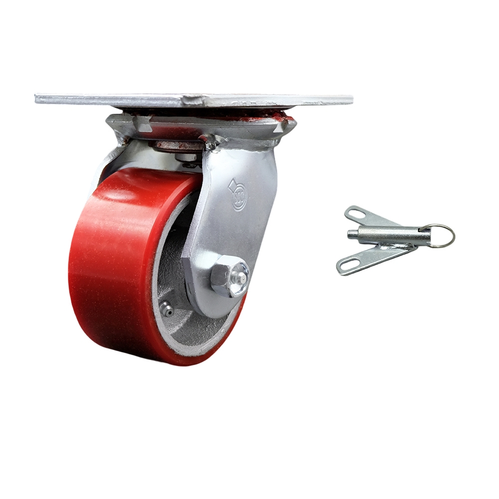 Heavy Duty Large Top Plate Polyurethane on Cast Iron Swivel Caster with 4 x 2 in. Red Wheel & Bolt on Swivel Lock - 700 lbs Capacity per Caster
