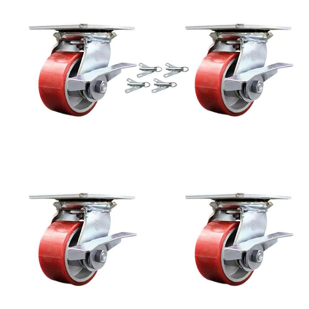 Heavy Duty Large Top Plate Polyurethane on Cast Iron Swivel Caster with 4 x 2 in. Red Wheels - 2800 lbs Total Capacity - Set of 4