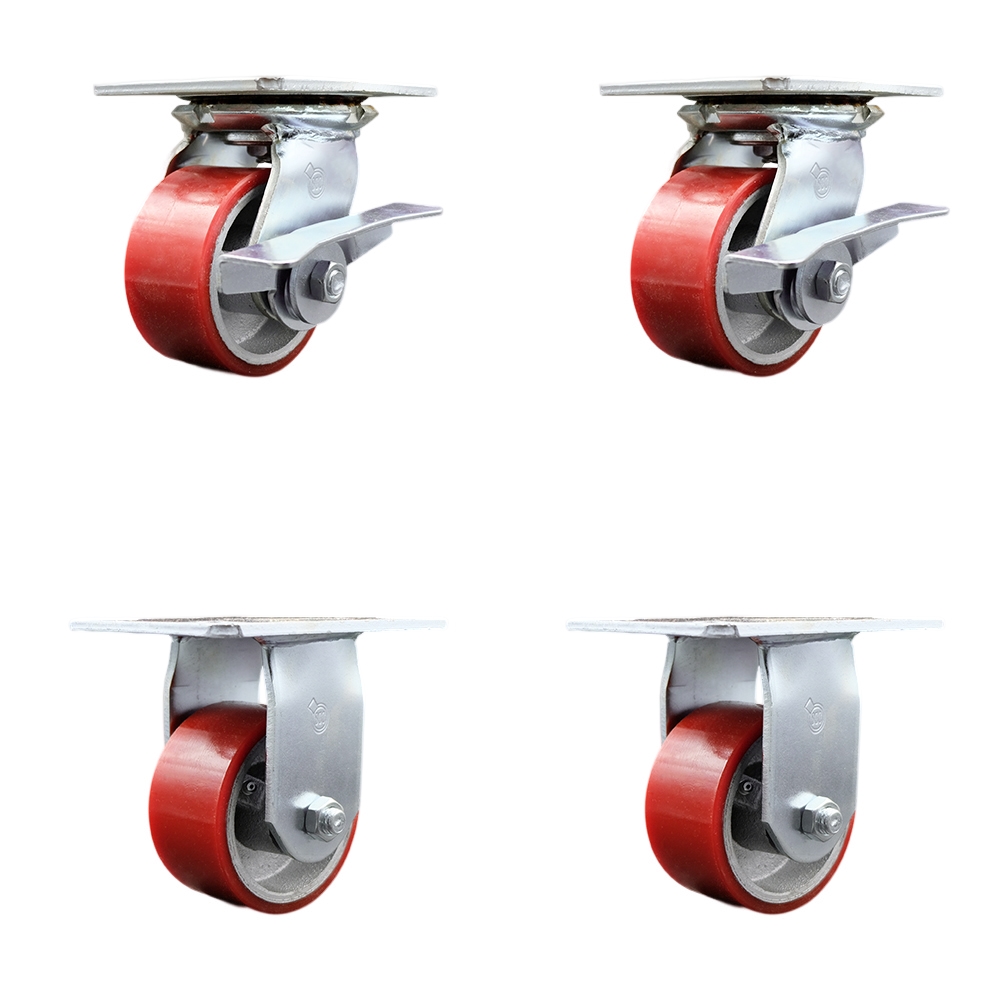 Heavy Duty Large Top Plate Polyurethane on Cast Iron Swivel Caster with 4 x 2 in. Red Wheels - 2800 lbs Total Capacity - Set of 4