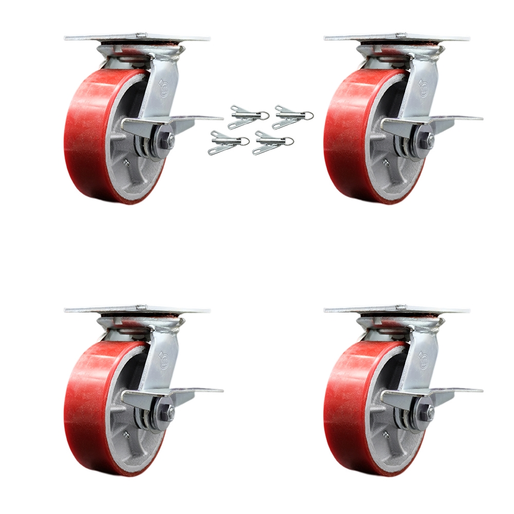 Heavy Duty Large Top Plate Polyurethane on Cast Iron Swivel Caster with 6 x 2 in. Red Wheels - 4800 lbs Total Capacity - Set of 4
