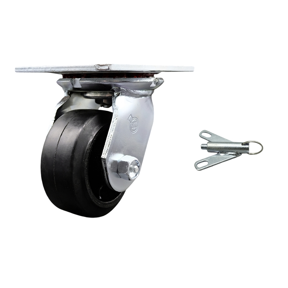 Heavy Duty Large Top Plate Rubber on Cast Iron Swivel Caster with 4 x 2 in. Black Wheel & Bolt on Swivel Lock - 400 lbs Capacity per Caster