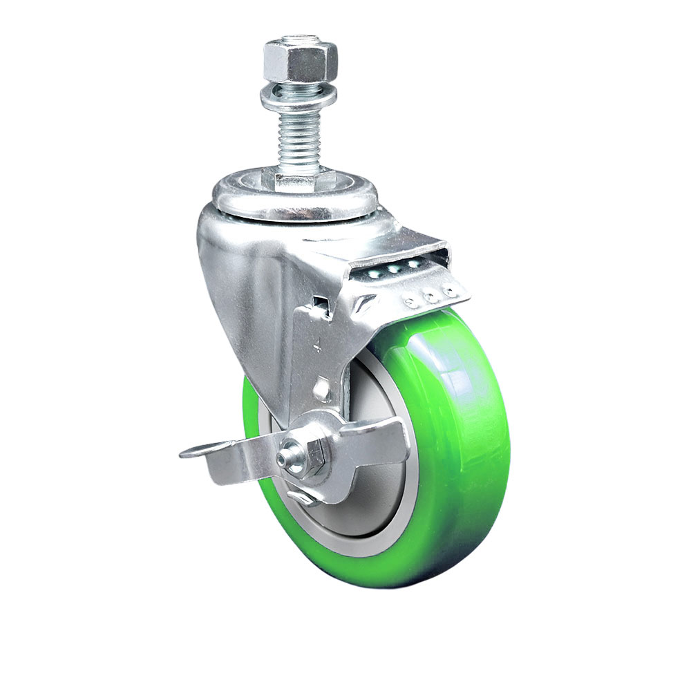 SCC-TS20S414-PPUB-GRN-TLB-M1215 Polyurethane Swivel Threaded Stem Caster with 4 x 1.25 in. Green Wheel & 12 mm Stem & Top Locking Brake