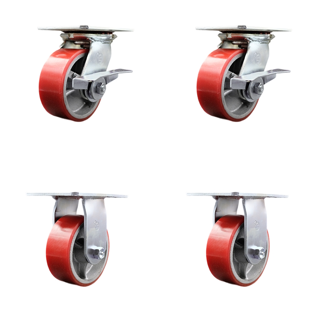 Heavy Duty Large Top Plate Polyurethane on Cast Iron Swivel Caster with 5 x 2 in. Red Wheels - 3600 lbs Total Capacity - Set of 4