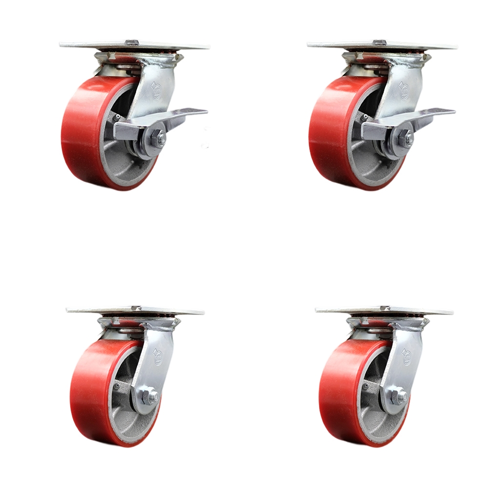 SCC-35S520-PUR-RS-SLB-BSL-2-BSL-2 Heavy Duty Large Top Plate Poly on Cast Iron Swivel Caster with 5 x 2 in. Red Wheels - 3600 lbs Capacity - Set of 4