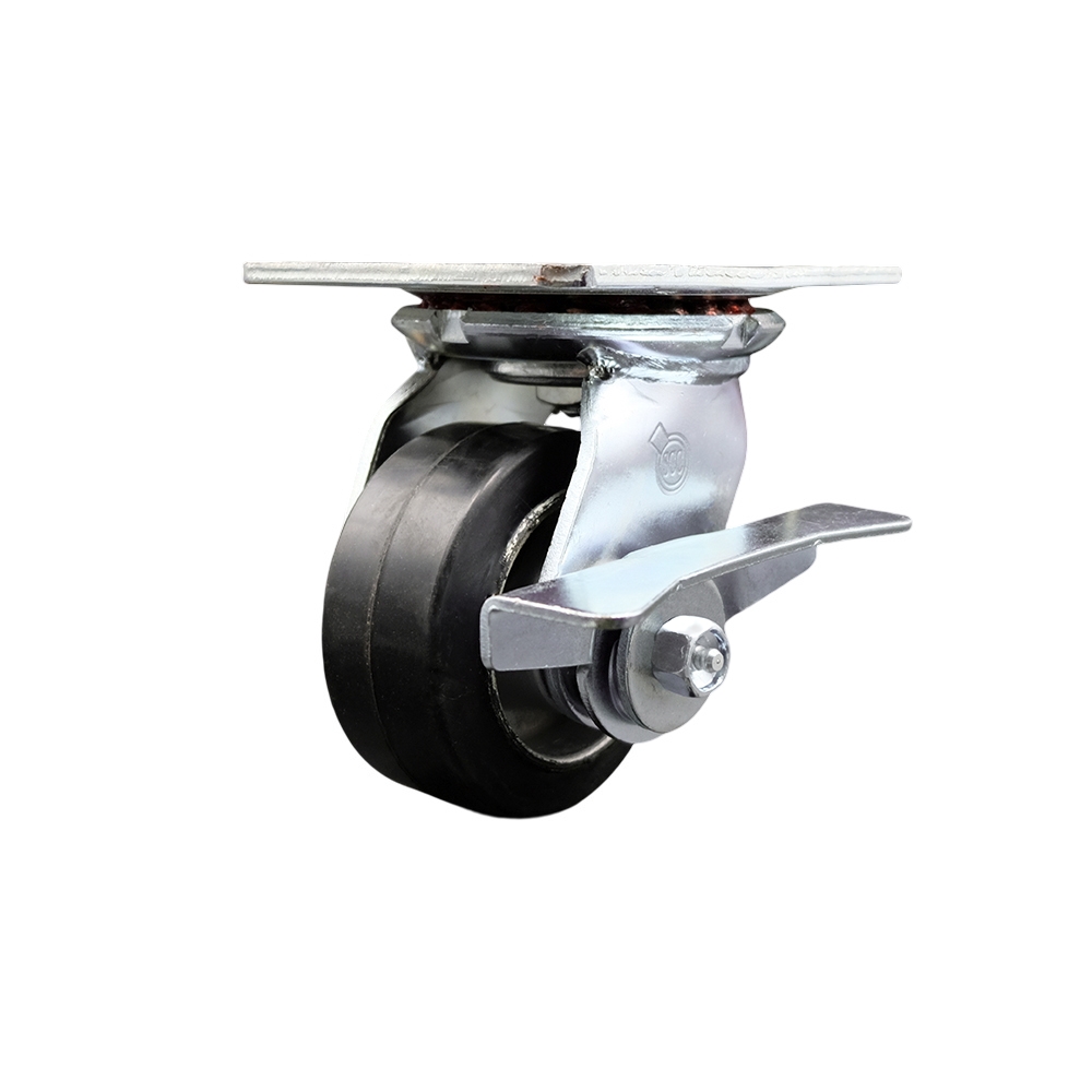 Heavy Duty Large Top Plate Rubber on Aluminum Swivel Caster with 4 x 2 in. Black Wheel & Side Lock Brake - 400 lbs Capacity per Caster