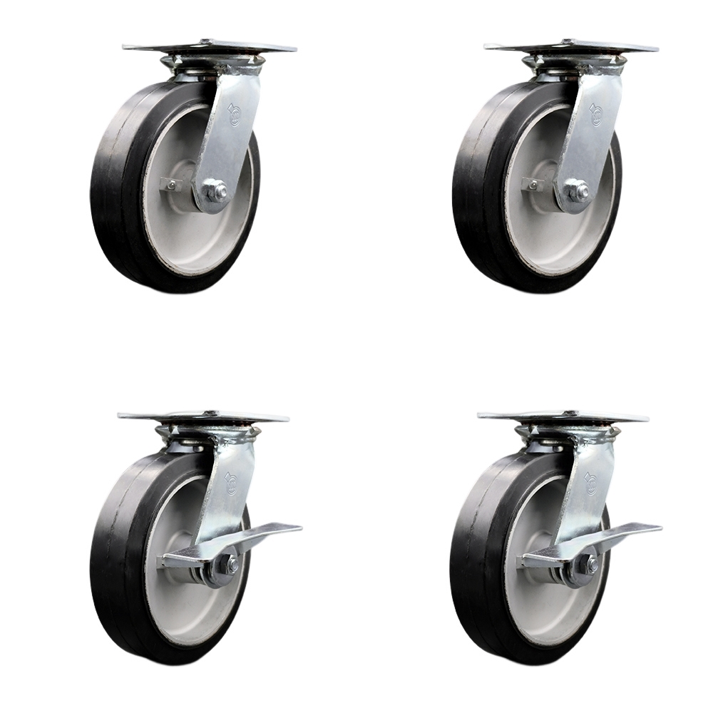 SCC-35S820-RAR-2-SLB-2 Heavy Duty Large Top Plate Rubber on Aluminum Swivel Caster with 8 x 2 in. Black Wheels - 2400 lbs Total Capacity - Set of 4