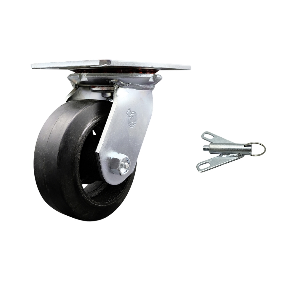 Heavy Duty Large Top Plate Rubber on Cast Iron Swivel Caster with 5 x 2 in. Black Wheel & Bolt on Swivel Lock - 400 lbs Capacity per Caster