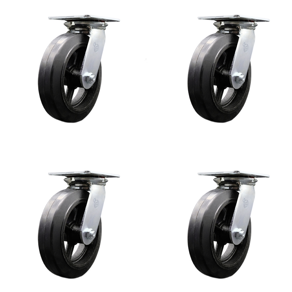SCC-35S820-RSR-BSL-4 Heavy Duty Large Top Plate Rubber on Cast Iron Swivel Caster with 8 x 2 in. Black Wheels - 2000 lbs Total Capacity - Set of 4