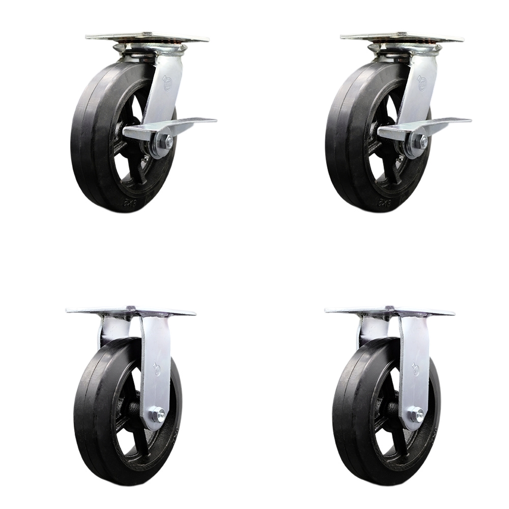 Heavy Duty Large Top Plate Rubber on Cast Iron Swivel Caster with 8 x 2 in. Black Wheels - 2000 lbs Total Capacity - Set of 4