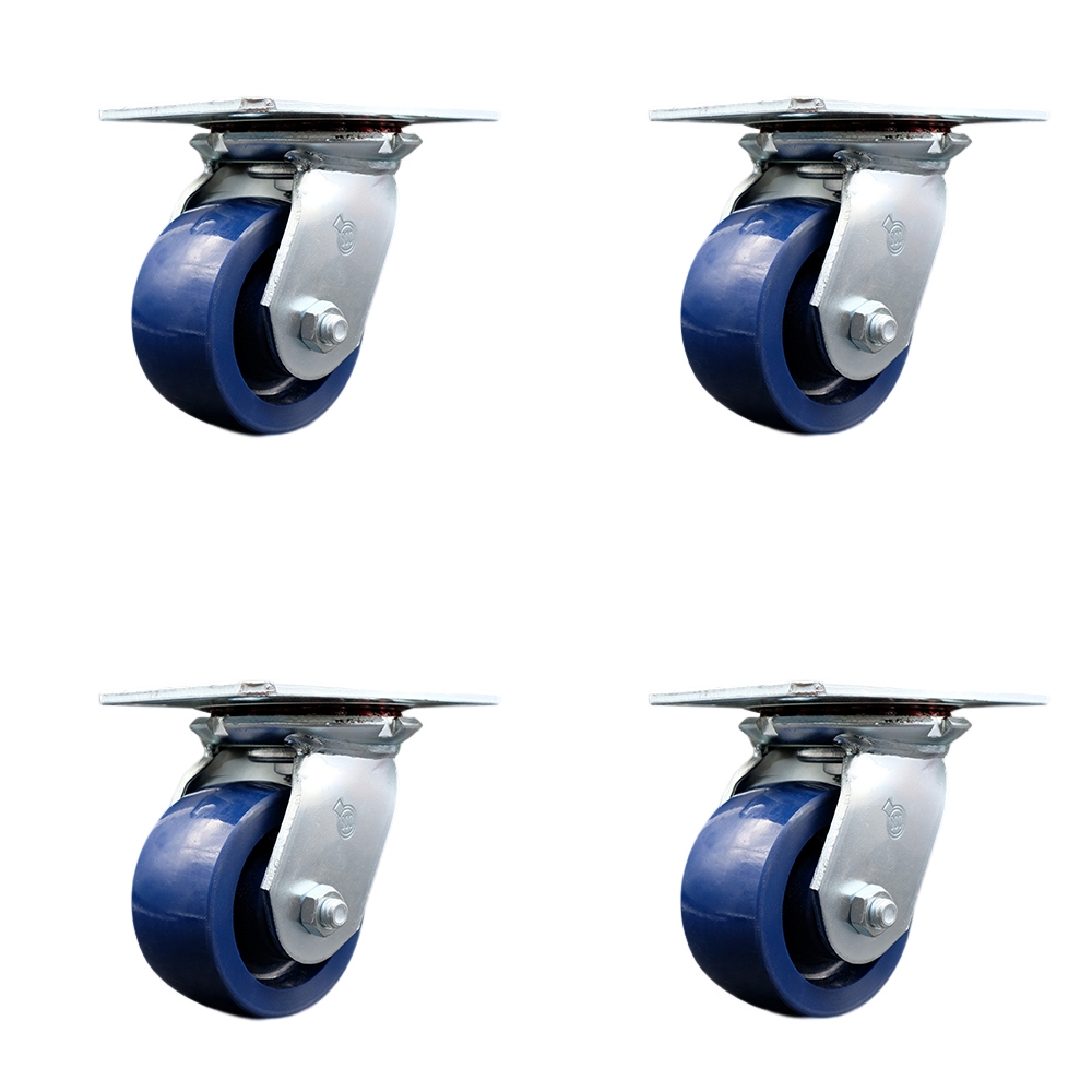 SCC-35S420-SPUR-4 Heavy Duty Large Top Plate Solid Polyurethane Swivel Caster with 4 x 2 in. Blue Wheels - 2800 lbs Total Capacity - Set of 4