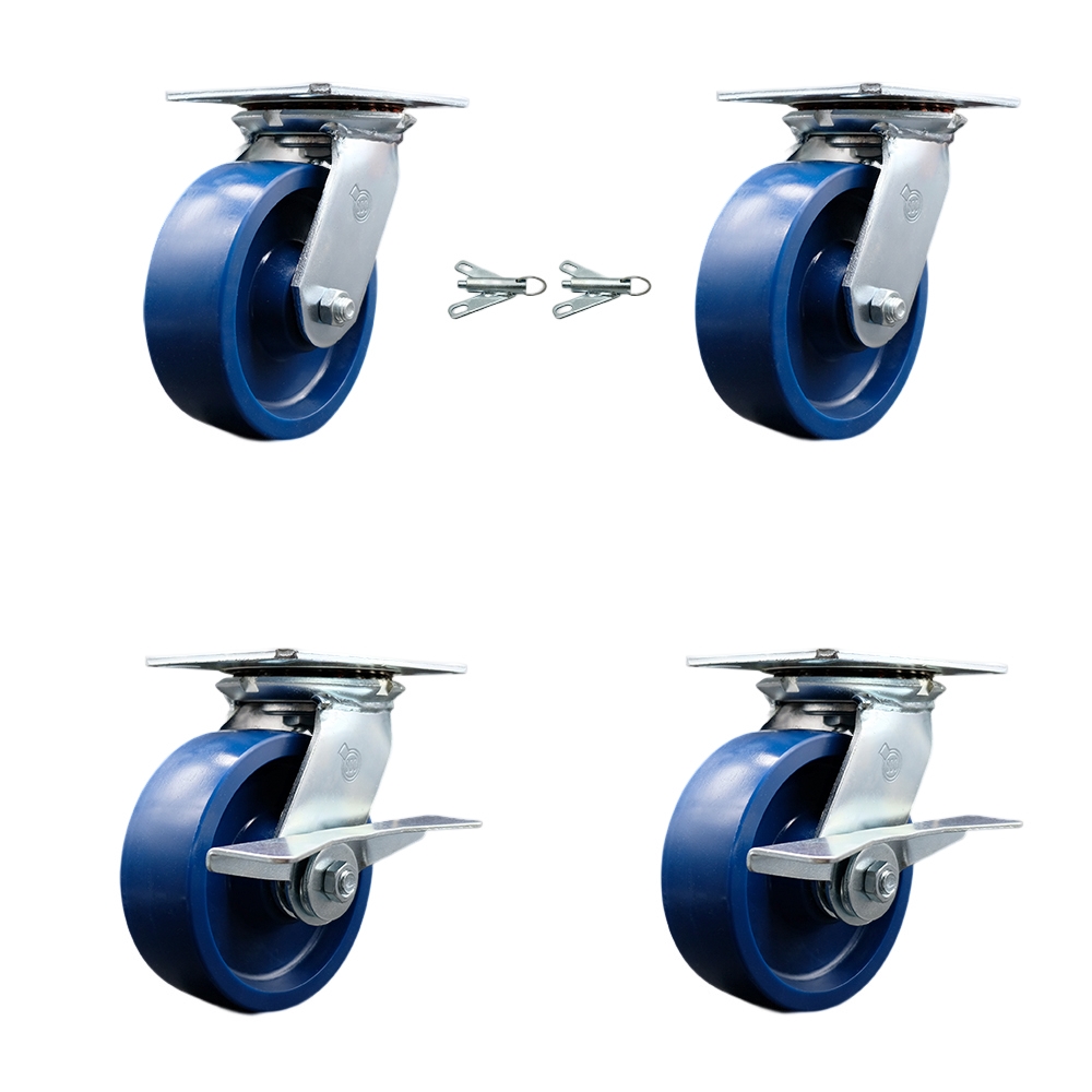 SCC-35S620-SPUR-BSL-2-SLB-2 Heavy Duty Large Top Plate Solid Polyurethane Swivel Caster with 6 x 2 in. Blue Wheels - 4800 lbs Capacity - Set of 4